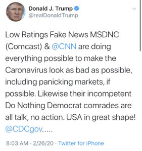 Trump Baselessly Accuses CNN and MSNBC of Hyping Up ‘Caronavirus’ to Tank the Economy (Also Misspells Coronavirus)